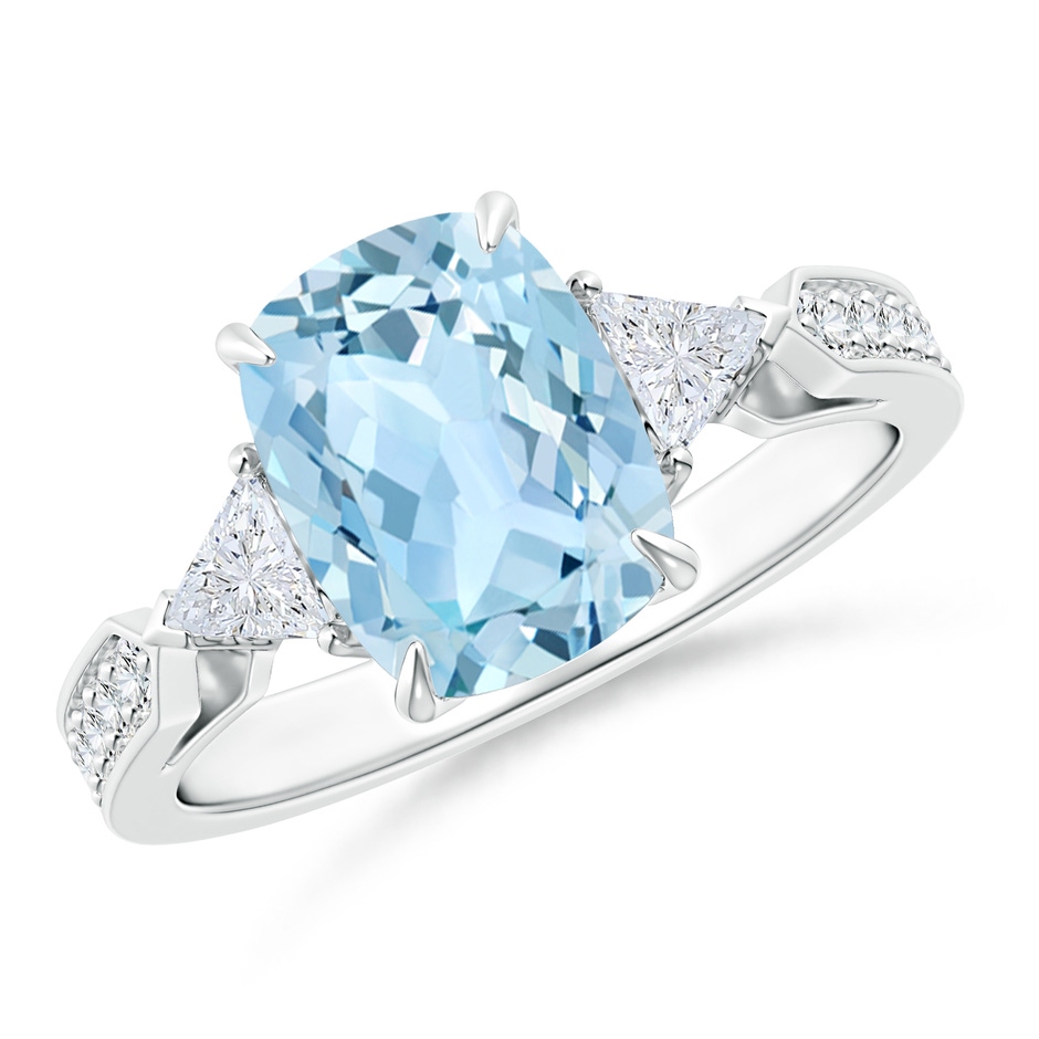 9x7mm AAA Cushion Aquamarine Ring with Triangle Diamonds in White Gold 