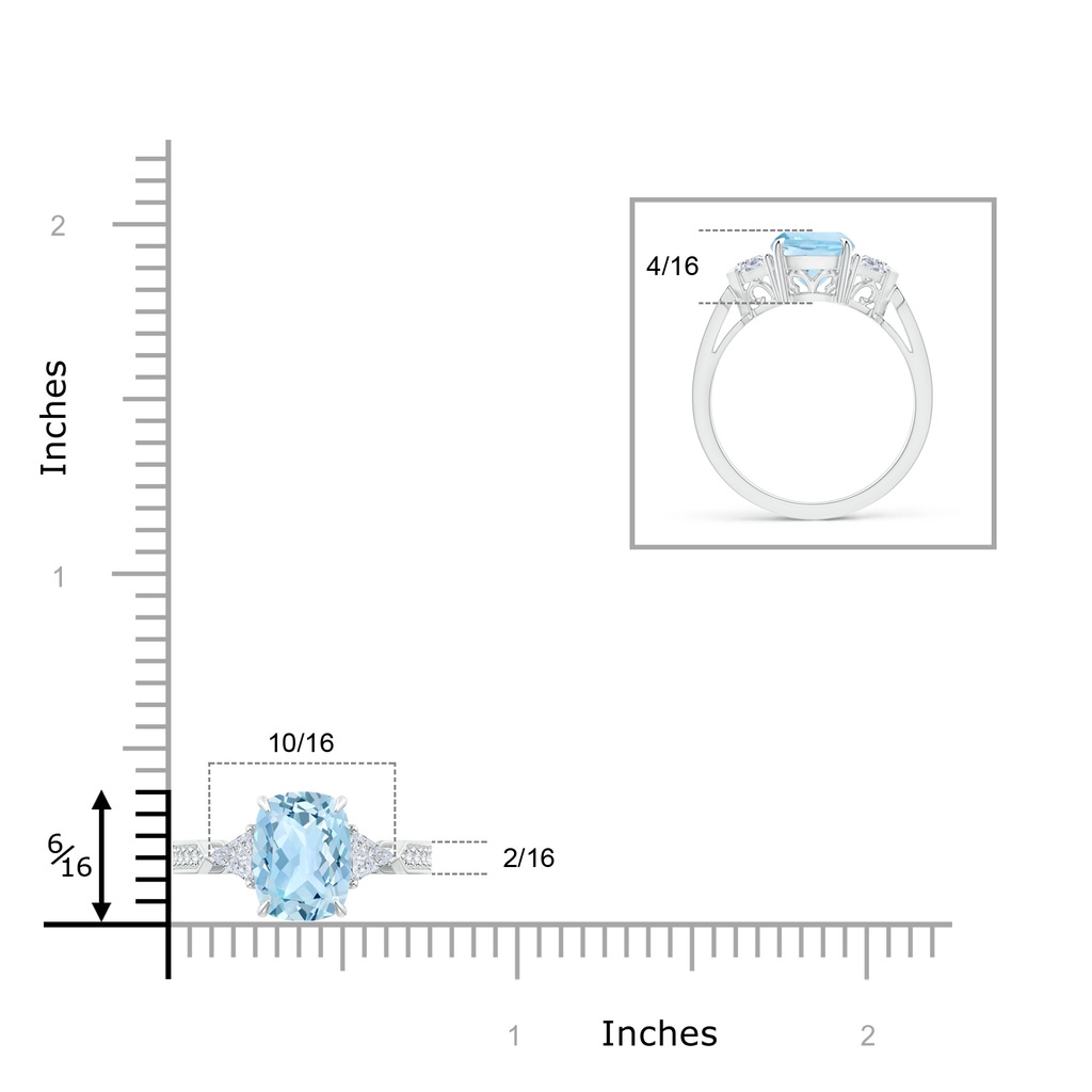 9x7mm AAA Cushion Aquamarine Ring with Triangle Diamonds in White Gold Ruler