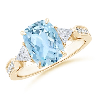 9x7mm AAA Cushion Aquamarine Ring with Triangle Diamonds in Yellow Gold