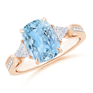 9x7mm AAAA Cushion Aquamarine Ring with Triangle Diamonds in 10K Rose Gold