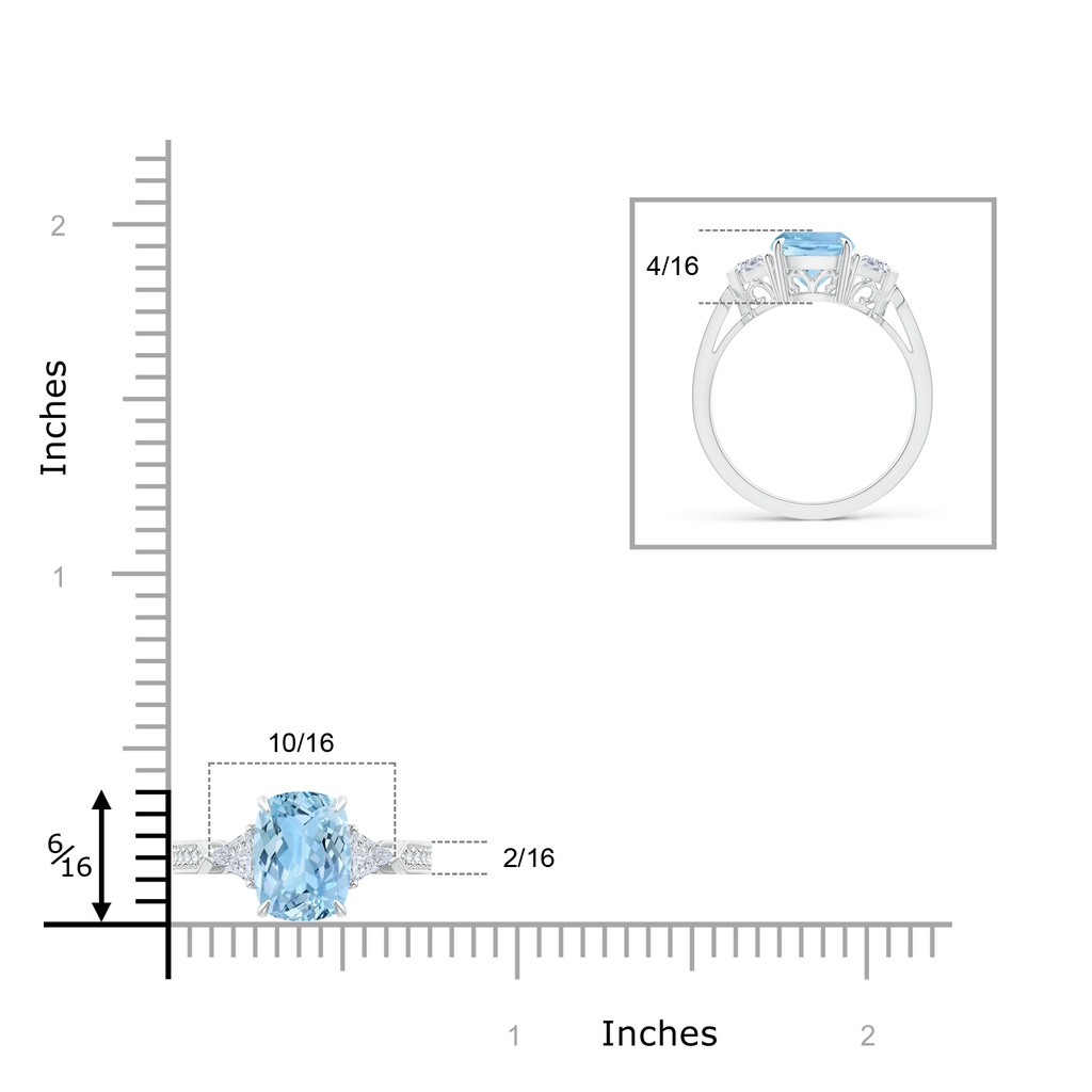 9x7mm AAAA Cushion Aquamarine Ring with Triangle Diamonds in P950 Platinum Ruler