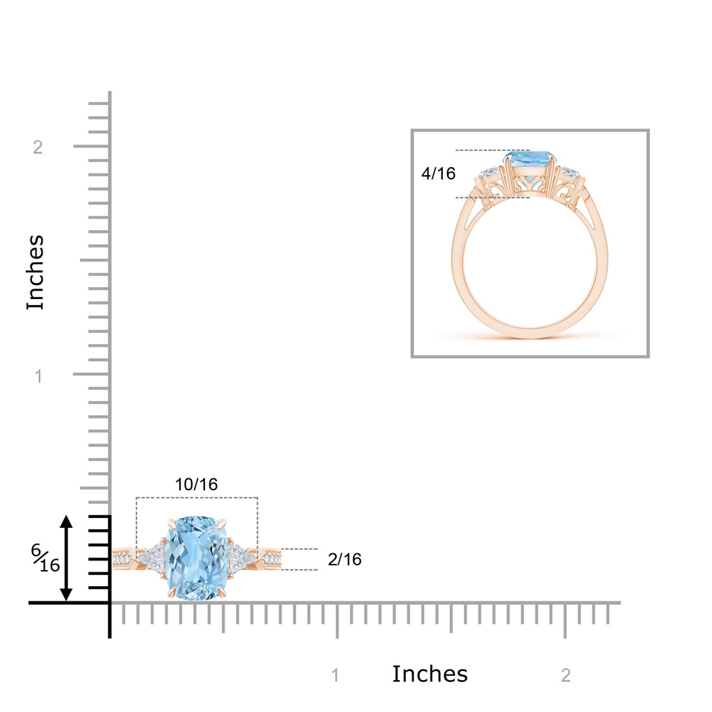 9x7mm AAAA Cushion Aquamarine Ring with Triangle Diamonds in Rose Gold Ruler