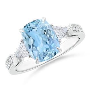 9x7mm AAAA Cushion Aquamarine Ring with Triangle Diamonds in White Gold