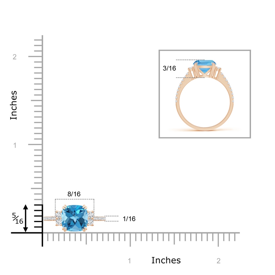 8mm AA Double Claw-Set Cushion Swiss Blue Topaz Ring in Rose Gold ruler