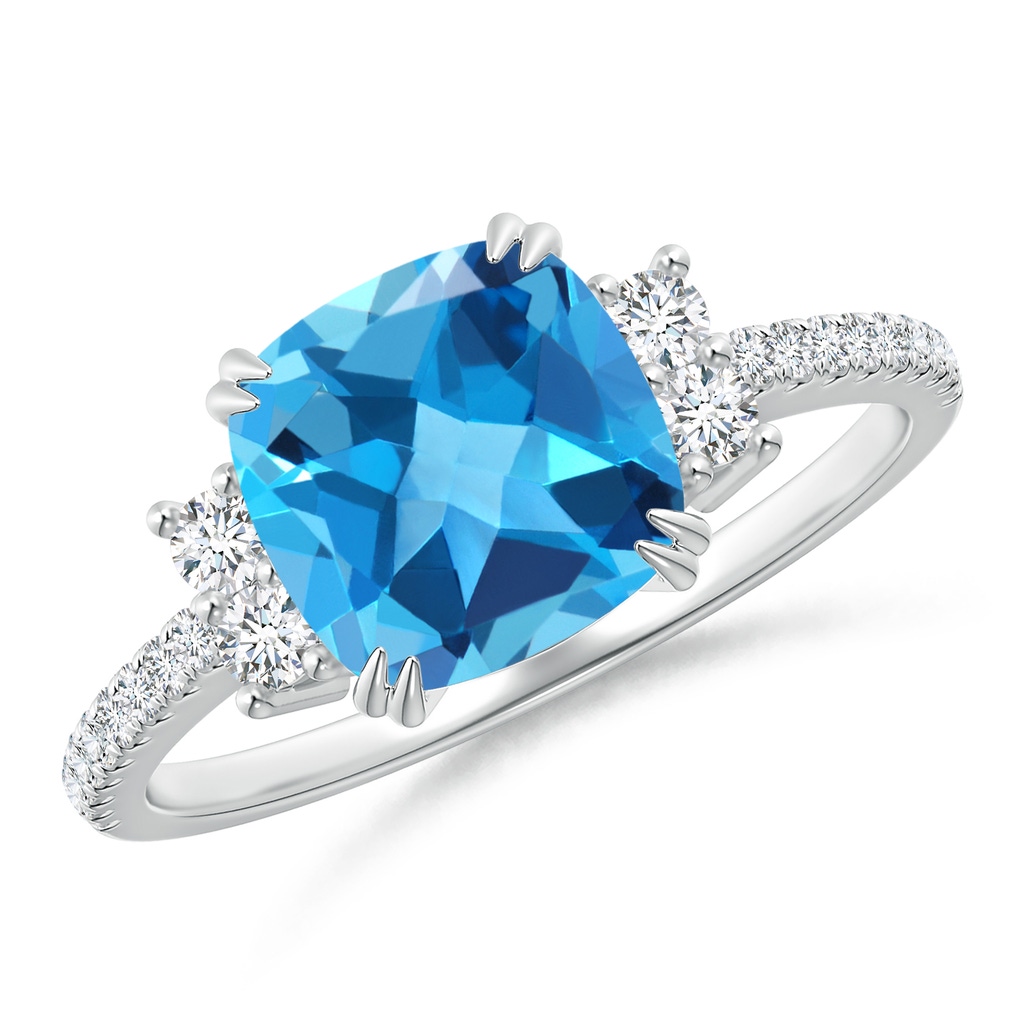 8mm AAA Double Claw-Set Cushion Swiss Blue Topaz Ring in White Gold