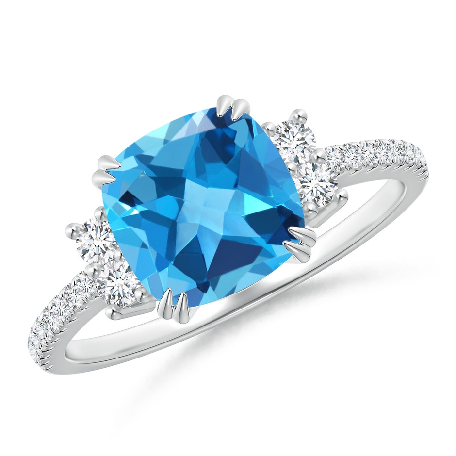 8mm AAA Double Claw-Set Cushion Swiss Blue Topaz Ring in White Gold 