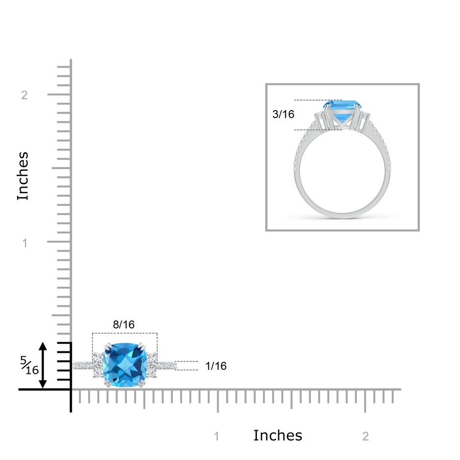 8mm AAA Double Claw-Set Cushion Swiss Blue Topaz Ring in White Gold ruler