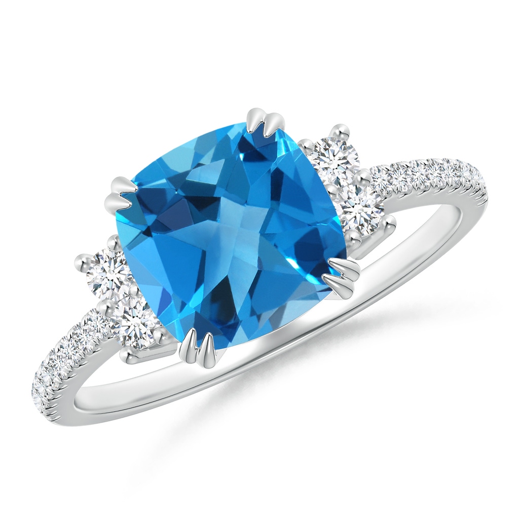 8mm AAAA Double Claw-Set Cushion Swiss Blue Topaz Ring in P950 Platinum