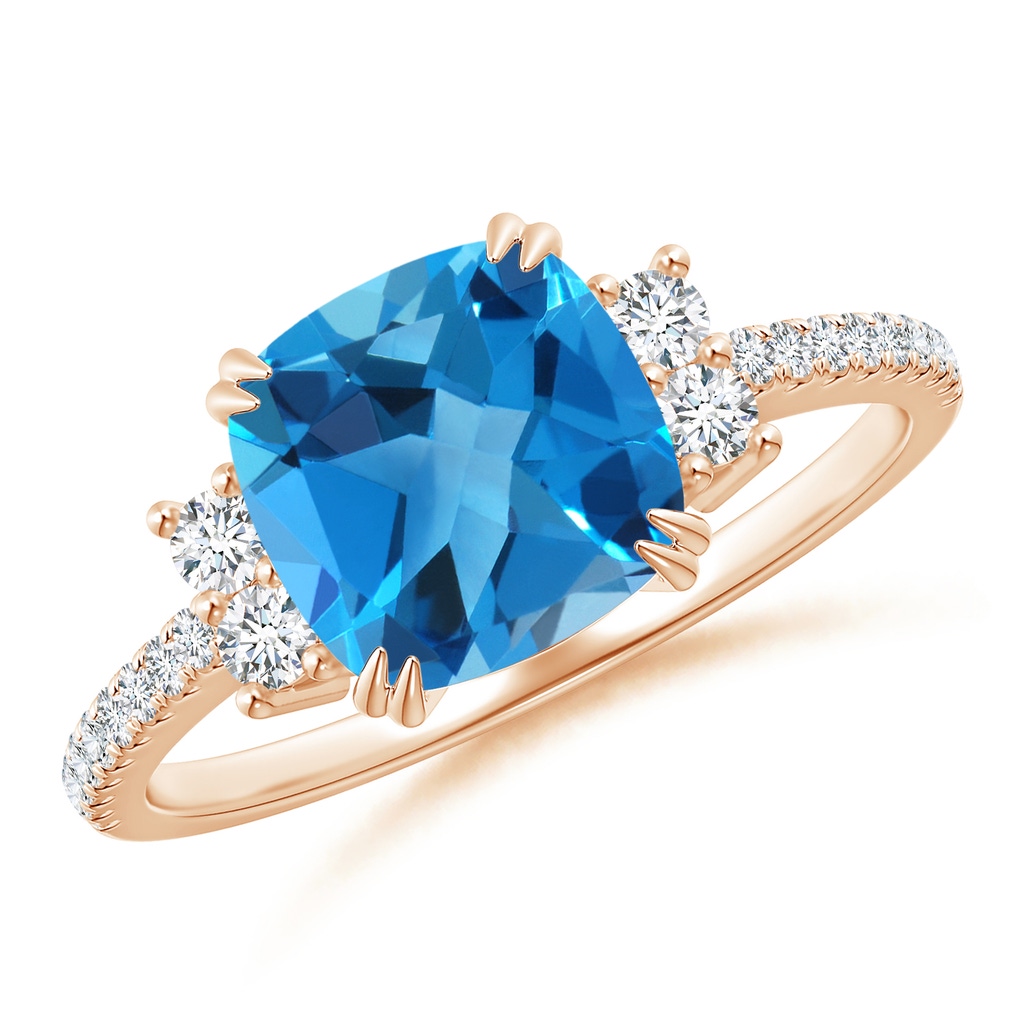 8mm AAAA Double Claw-Set Cushion Swiss Blue Topaz Ring in Rose Gold