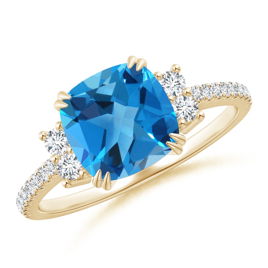 8mm AAAA Double Claw-Set Cushion Swiss Blue Topaz Ring in Yellow Gold 