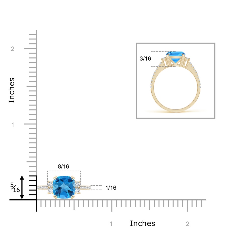 8mm AAAA Double Claw-Set Cushion Swiss Blue Topaz Ring in Yellow Gold ruler