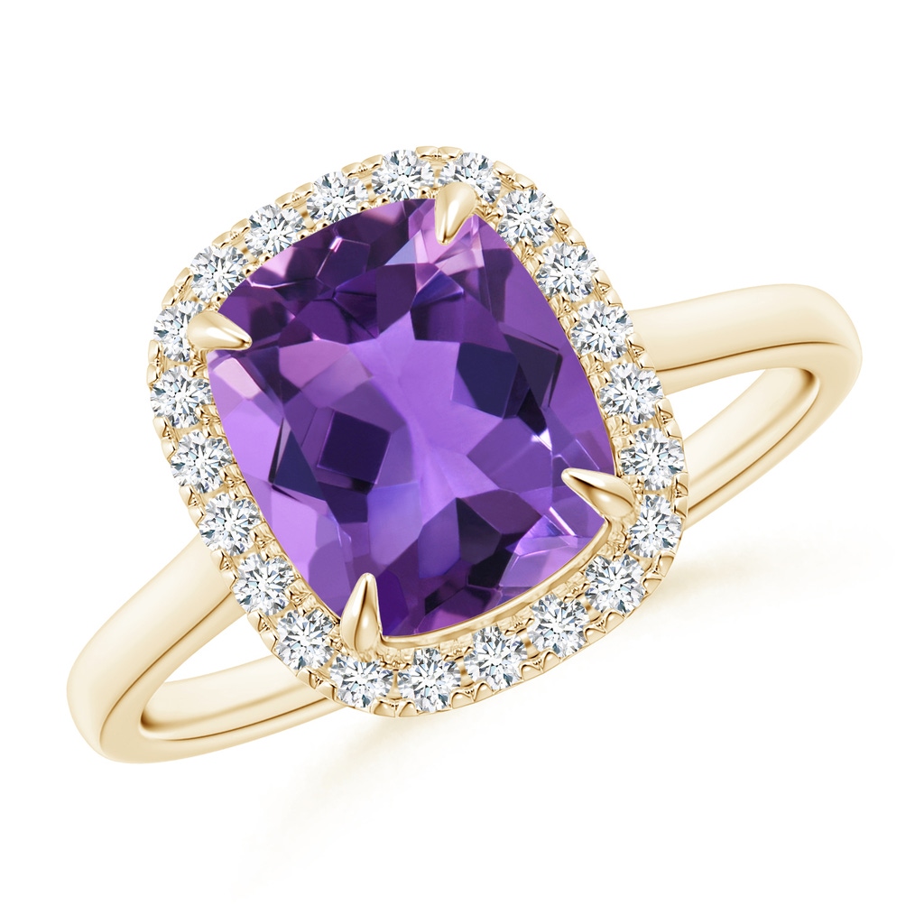 9x7mm AAA Claw-Set Cushion Amethyst Cathedral Style Cocktail Ring in Yellow Gold