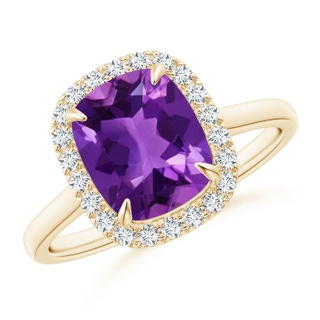 9x7mm AAAA Claw-Set Cushion Amethyst Cathedral Style Cocktail Ring in Yellow Gold