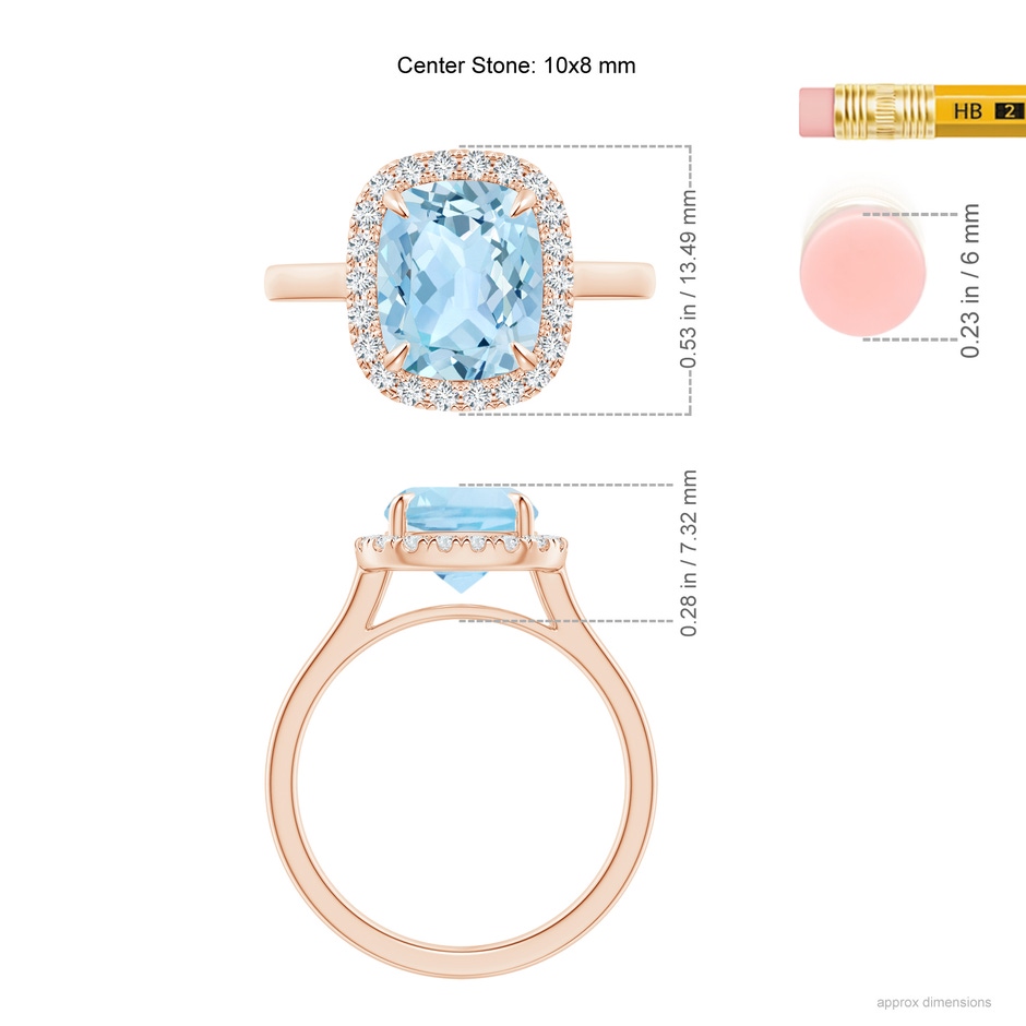 10x8mm AAA Claw-Set Cushion Rectangular Aquamarine Cathedral Style Cocktail Ring in Rose Gold ruler