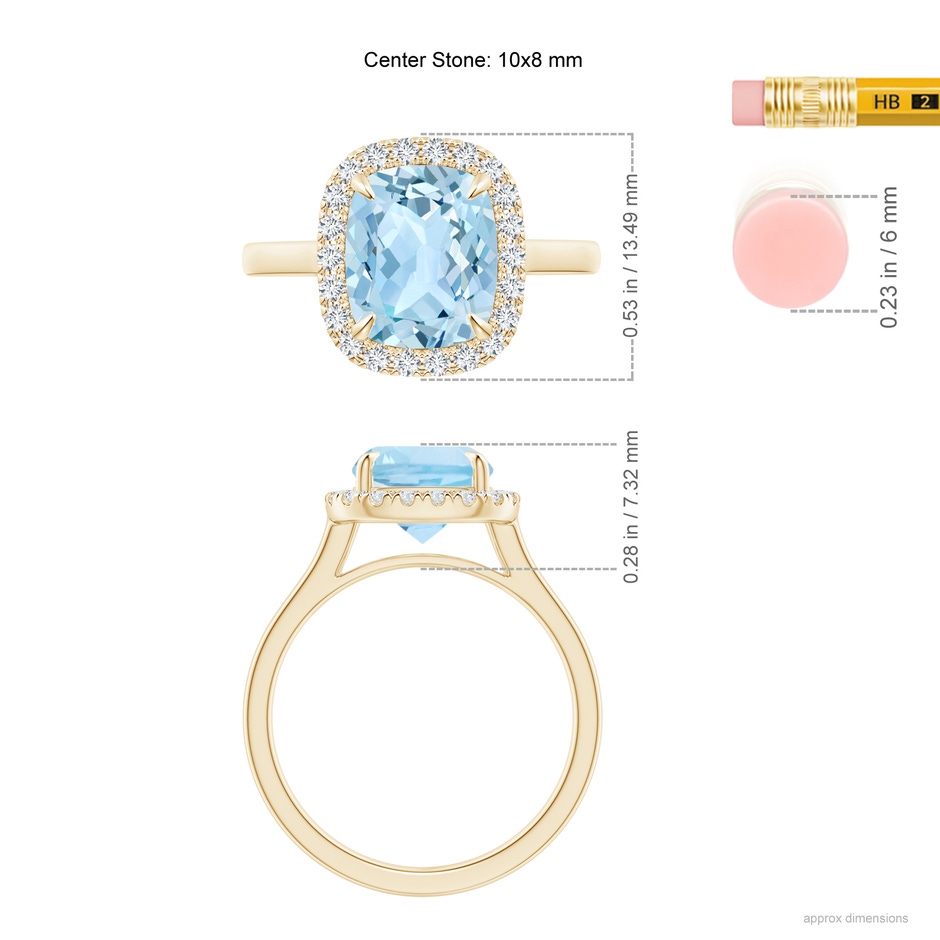 10x8mm AAA Claw-Set Cushion Rectangular Aquamarine Cathedral Style Cocktail Ring in Yellow Gold ruler