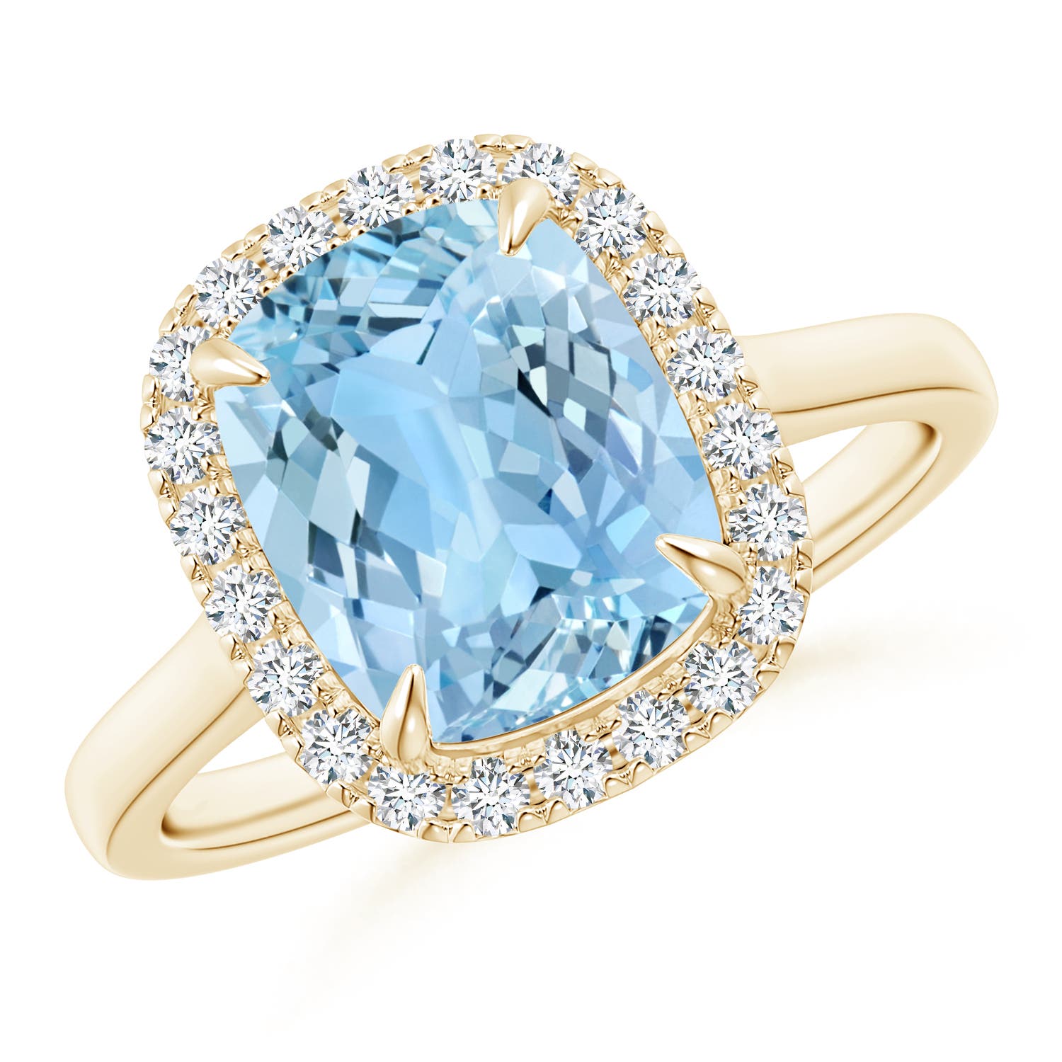 10x8mm AAAA Claw-Set Cushion Rectangular Aquamarine Cathedral Style Cocktail Ring in Yellow Gold