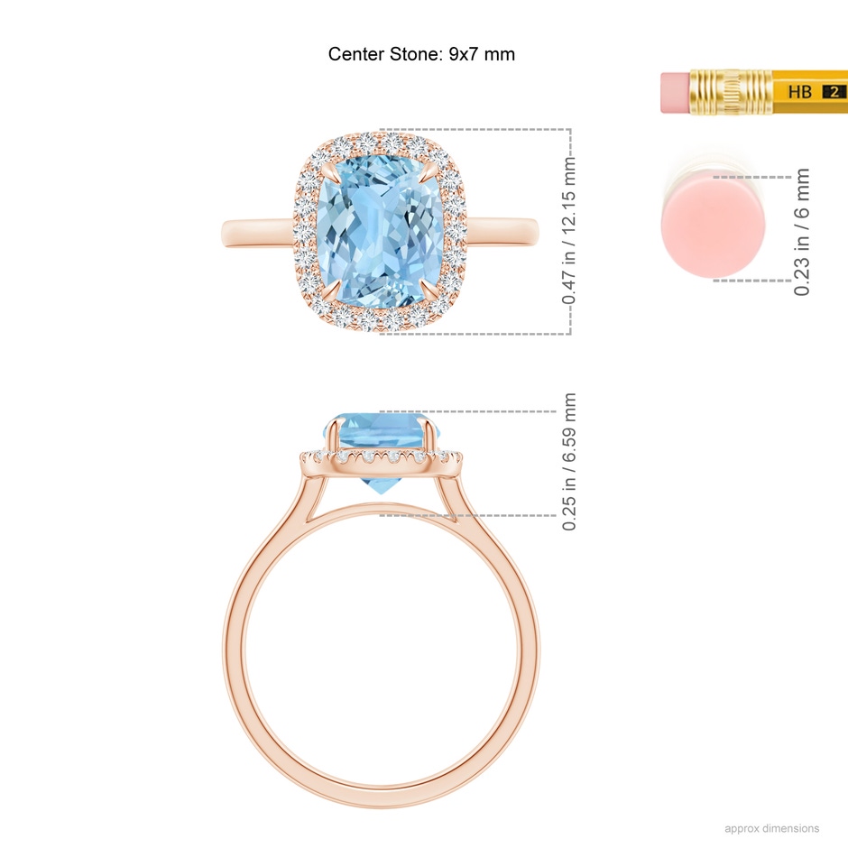 9x7mm AAAA Claw-Set Cushion Rectangular Aquamarine Cathedral Style Cocktail Ring in Rose Gold ruler