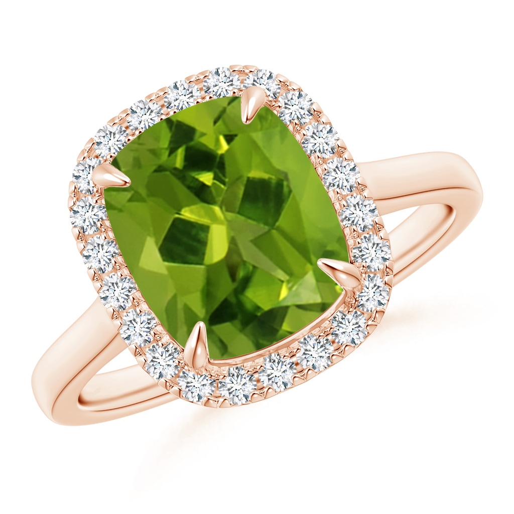 10x8mm AAAA Claw-Set Cushion Peridot Cathedral Style Cocktail Ring in Rose Gold