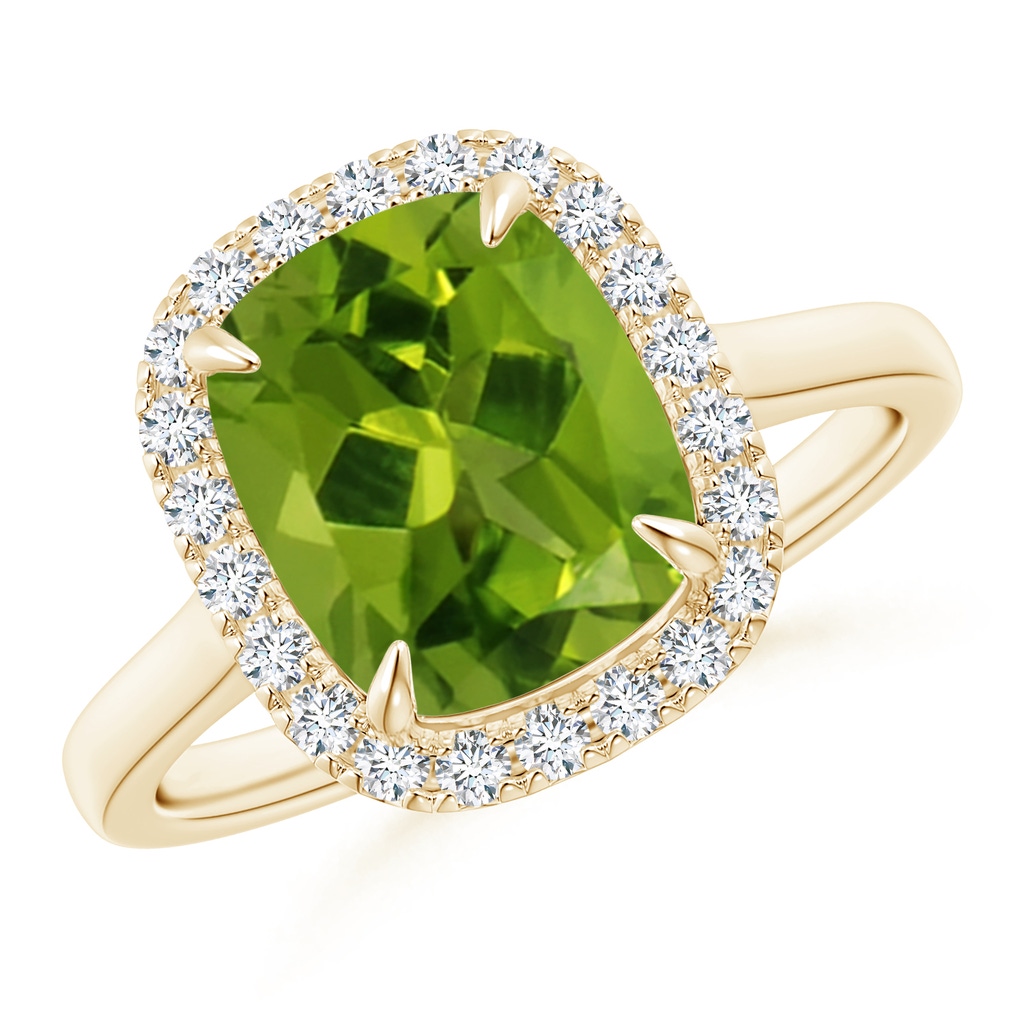 10x8mm AAAA Claw-Set Cushion Peridot Cathedral Style Cocktail Ring in Yellow Gold