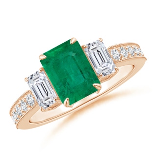 8.3x7.01x4.94mm AA GIA Certified Emerald Cut Madagascar Emerald Three Stone Ring in Rose Gold