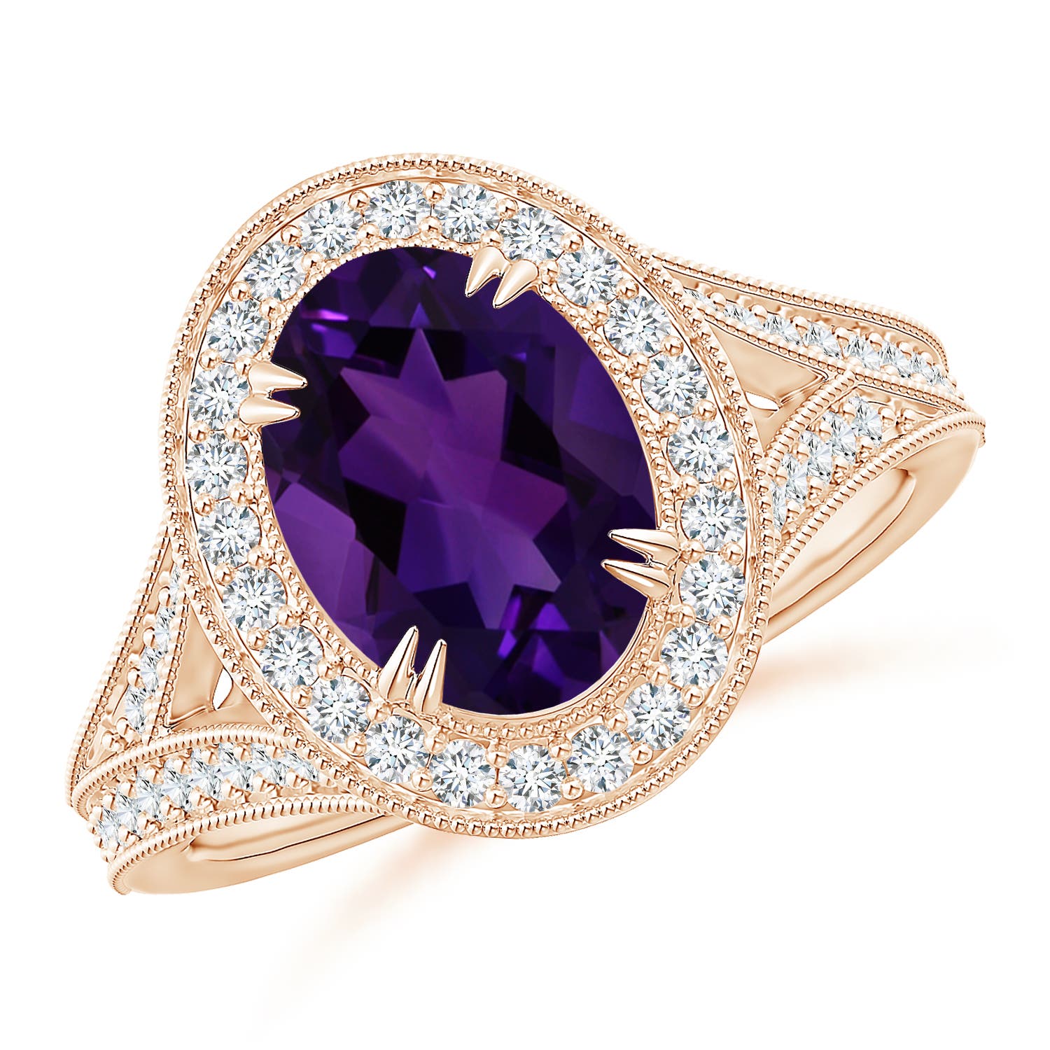 9.19x7.13x4.78mm AA GIA Certified Classic Amethyst Split Shank Halo Ring in Rose Gold