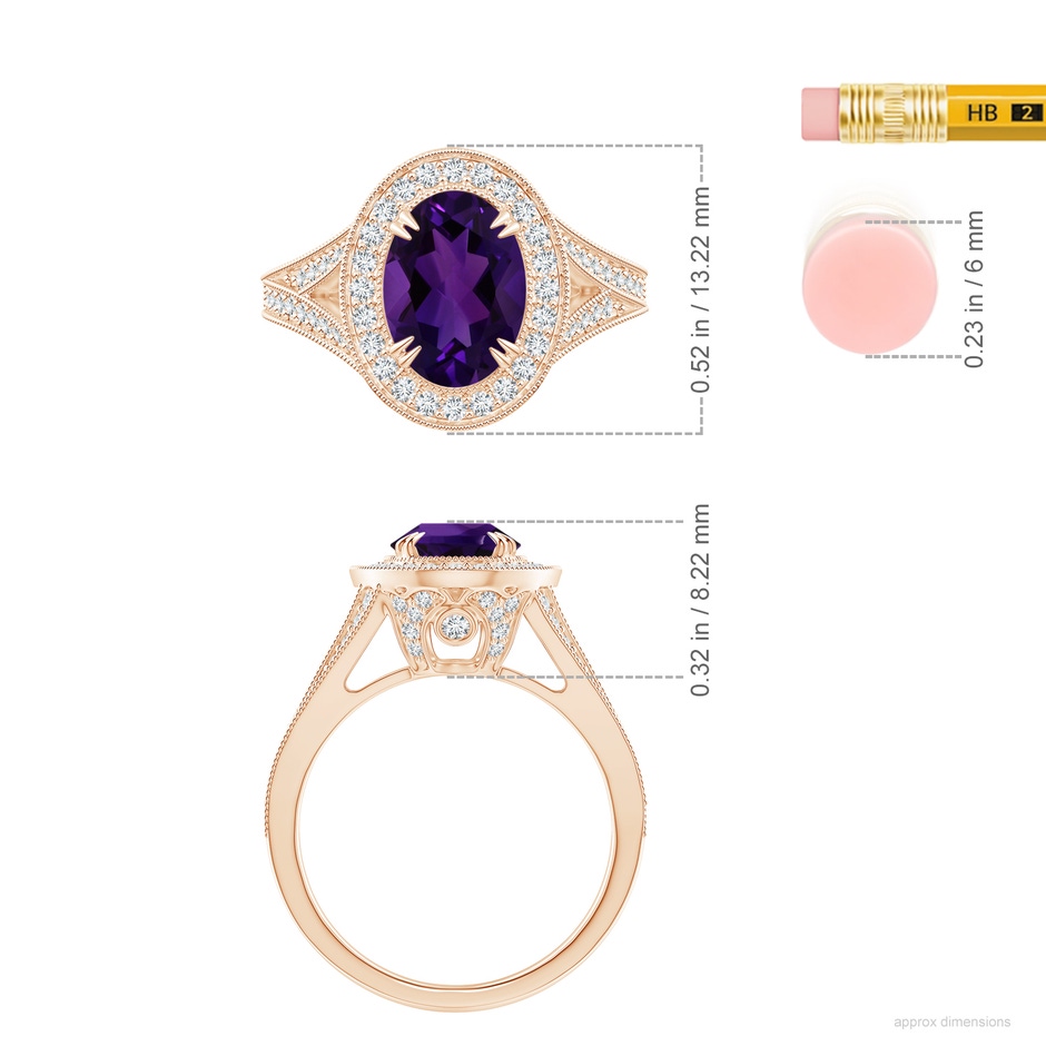 9.19x7.13x4.78mm AA GIA Certified Classic Amethyst Split Shank Halo Ring in Rose Gold ruler