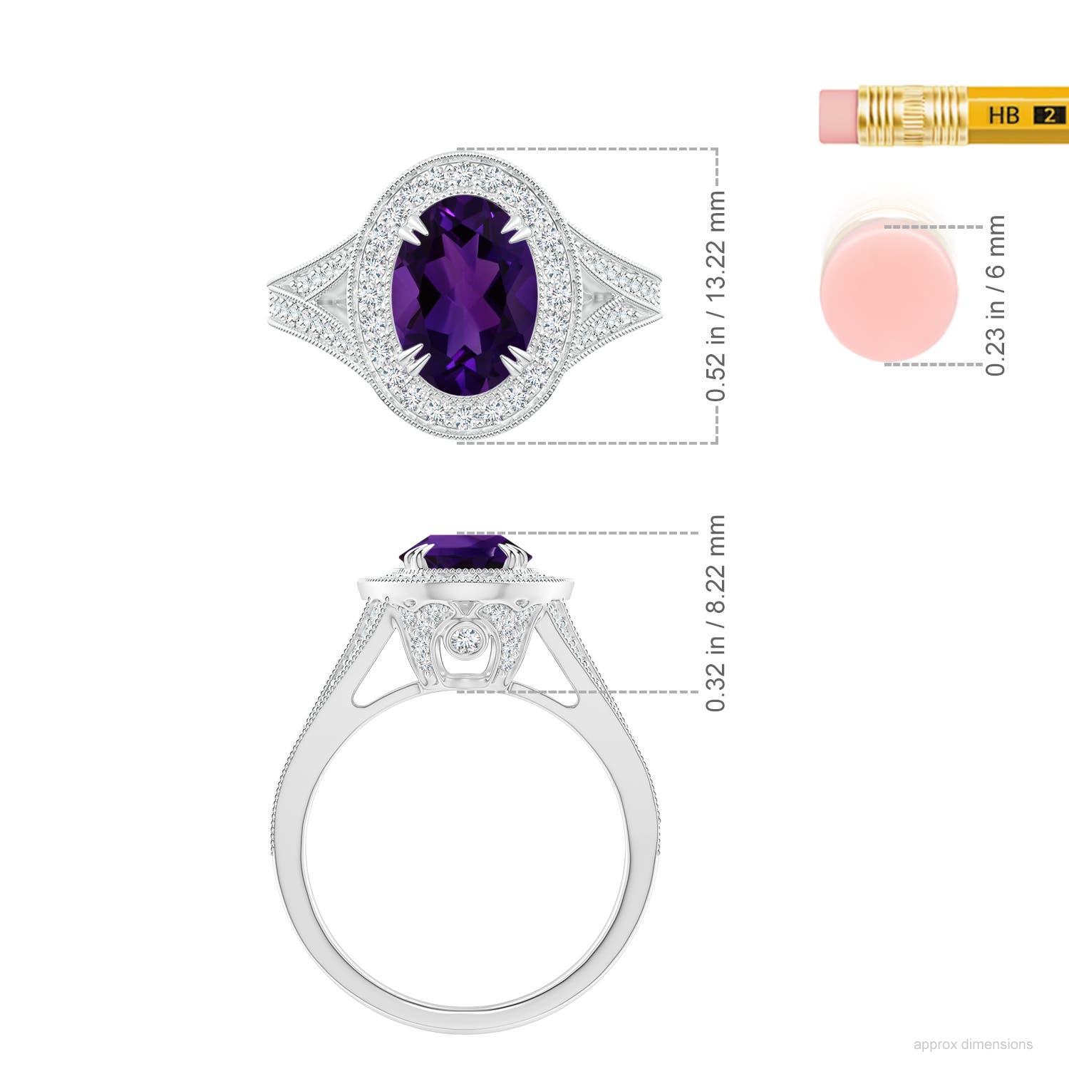 9.19x7.13x4.78mm AA GIA Certified Classic Amethyst Split Shank Halo Ring in White Gold - ruler