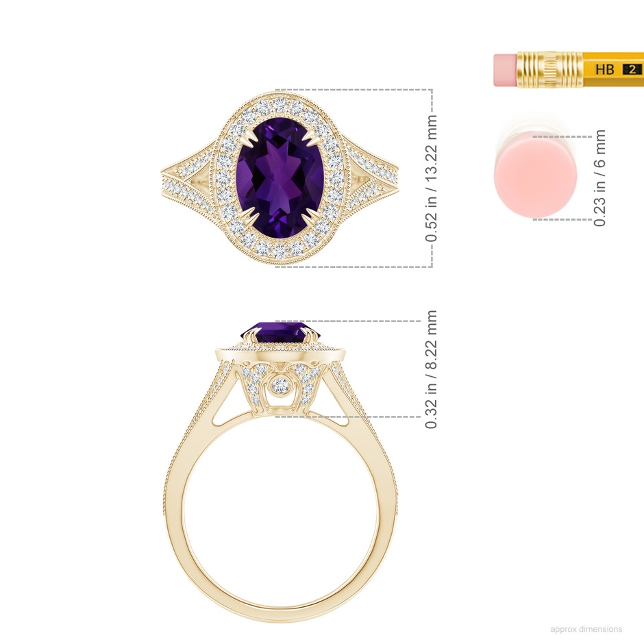 9.19x7.13x4.78mm AA GIA Certified Classic Amethyst Split Shank Halo Ring in Yellow Gold ruler