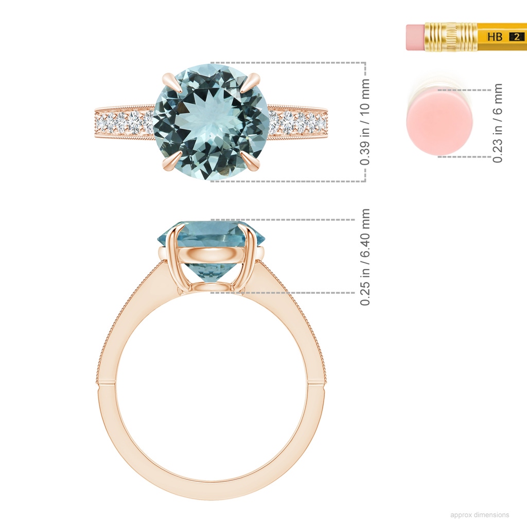 10.07x9.88x5.60mm AAA GIA Certified Classic Aquamarine Solitaire Ring with Milgrain in Rose Gold ruler