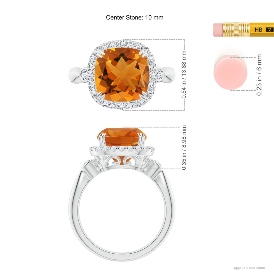 10mm AAA Cushion Citrine Reverse Tapered Shank Cocktail Halo Ring in White Gold ruler