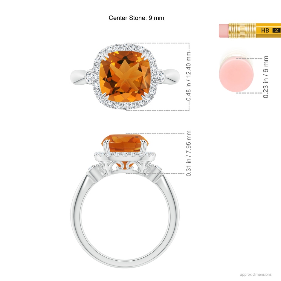 9mm AAA Cushion Citrine Reverse Tapered Shank Cocktail Halo Ring in White Gold ruler