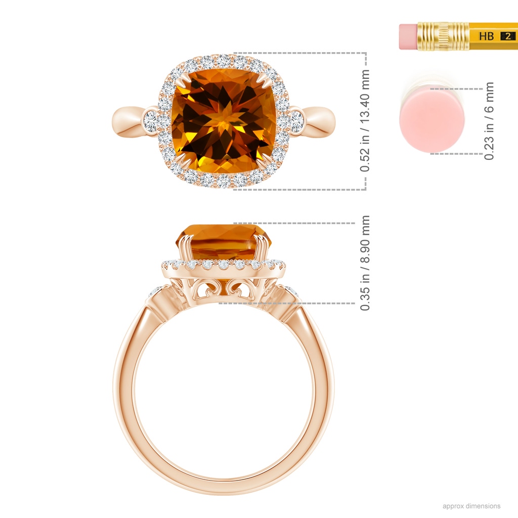 10.06x10.05x6.83mm AA GIA Certified Cushion Citrine Tapered Shank Ring in Rose Gold ruler