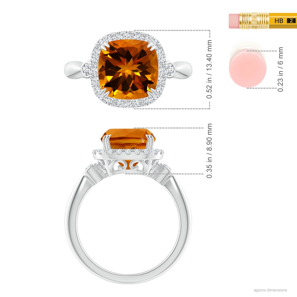 10.06x10.05x6.83mm AA GIA Certified Cushion Citrine Tapered Shank Ring in White Gold ruler