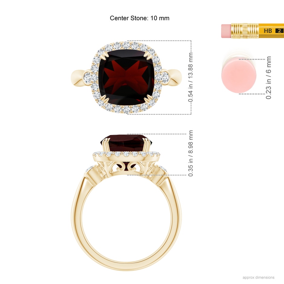 10mm A Cushion Garnet Reverse Tapered Shank Cocktail Halo Ring in Yellow Gold ruler
