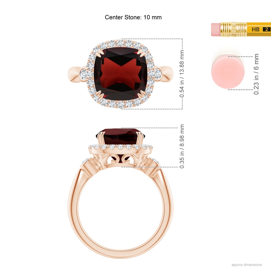 10mm AA Cushion Garnet Reverse Tapered Shank Cocktail Halo Ring in Rose Gold ruler