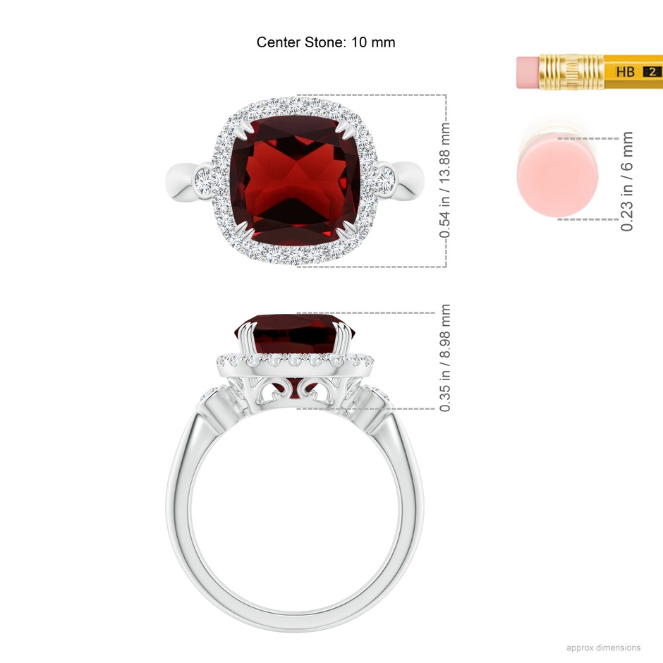 10mm AAA Cushion Garnet Reverse Tapered Shank Cocktail Halo Ring in White Gold ruler