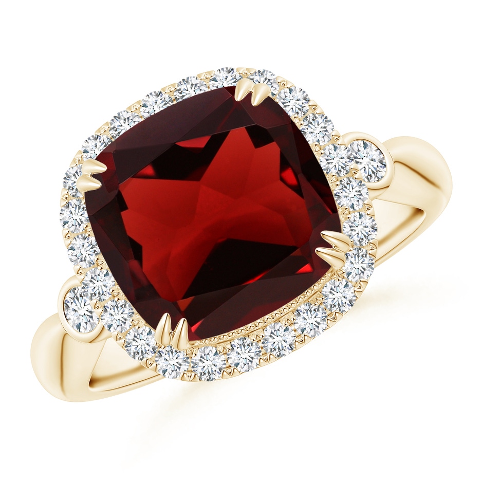 10mm AAA Cushion Garnet Reverse Tapered Shank Cocktail Halo Ring in Yellow Gold 