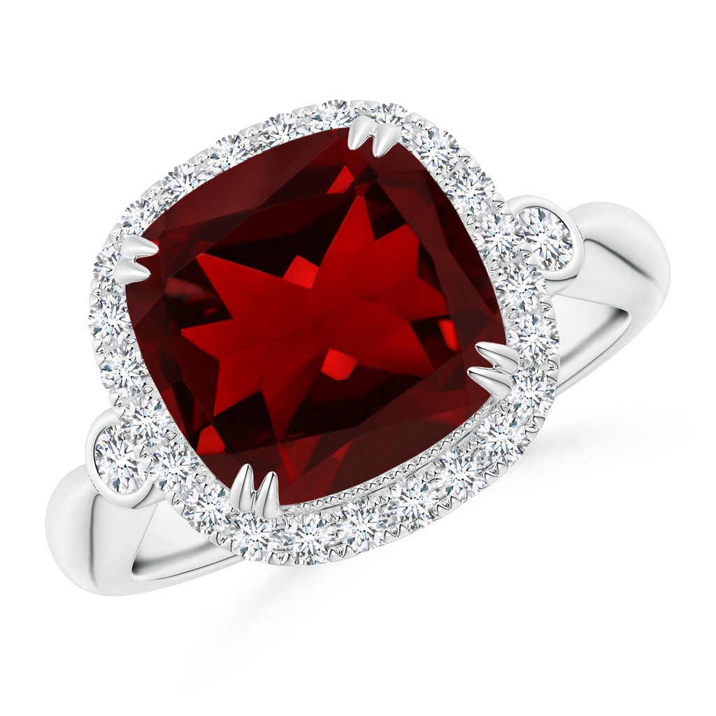 10mm AAAA Cushion Garnet Reverse Tapered Shank Cocktail Halo Ring in P950 Platinum
