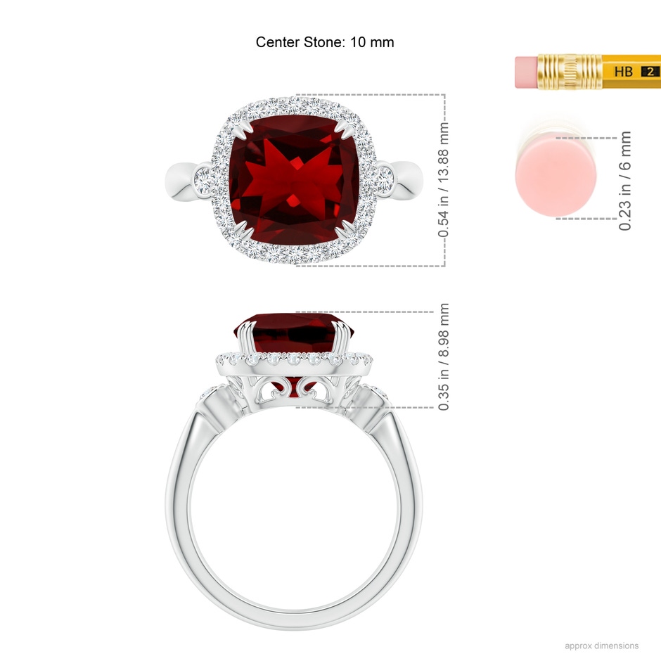 10mm AAAA Cushion Garnet Reverse Tapered Shank Cocktail Halo Ring in P950 Platinum ruler