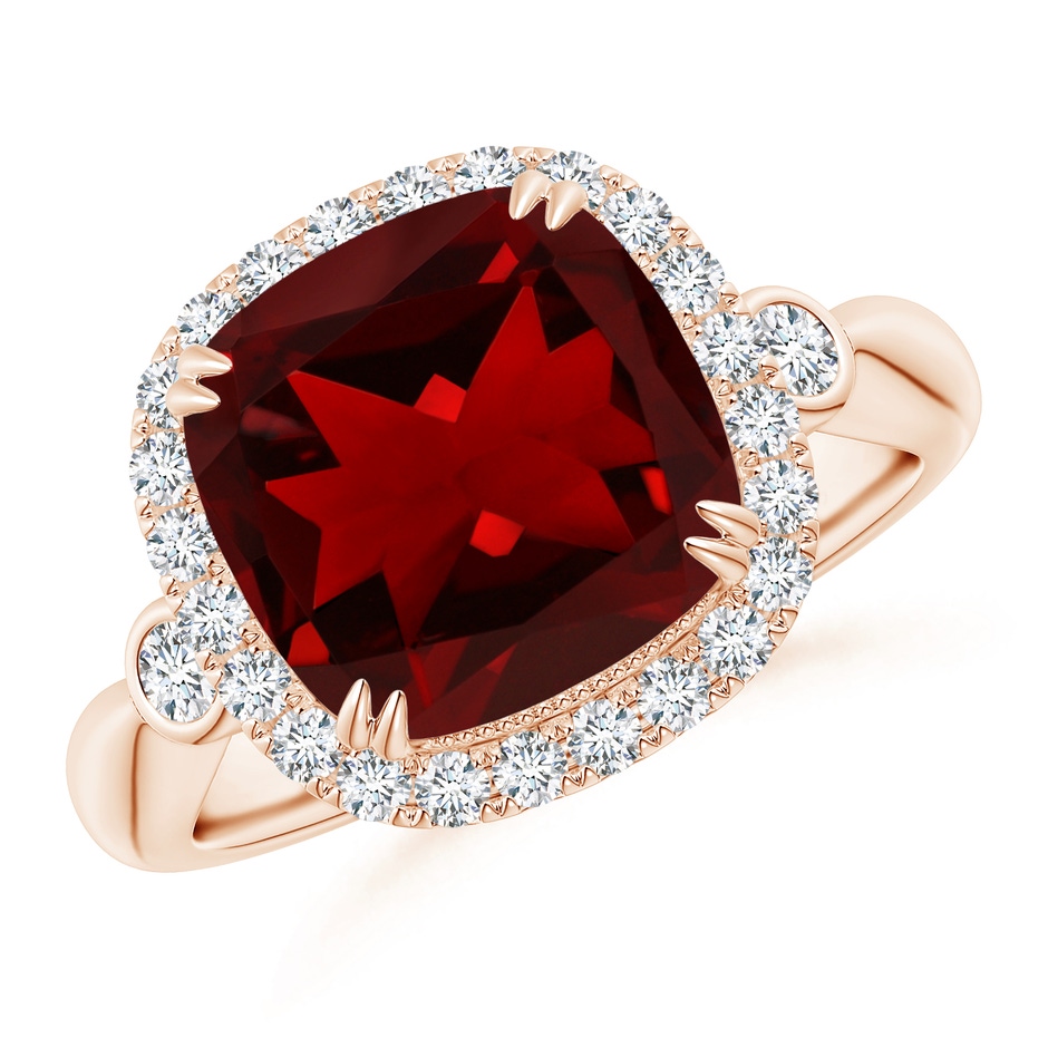 10mm AAAA Cushion Garnet Reverse Tapered Shank Cocktail Halo Ring in Rose Gold 