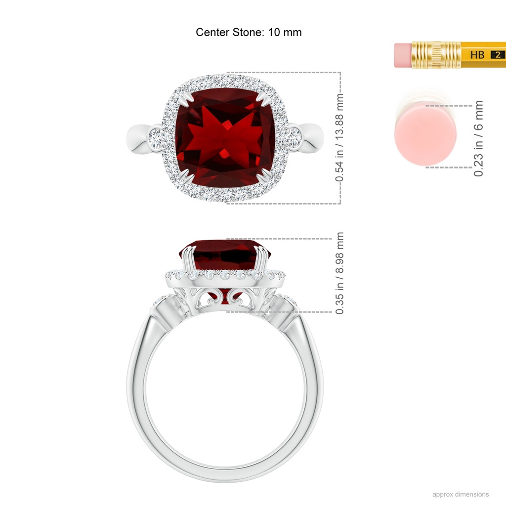10mm AAAA Cushion Garnet Reverse Tapered Shank Cocktail Halo Ring in White Gold Ruler