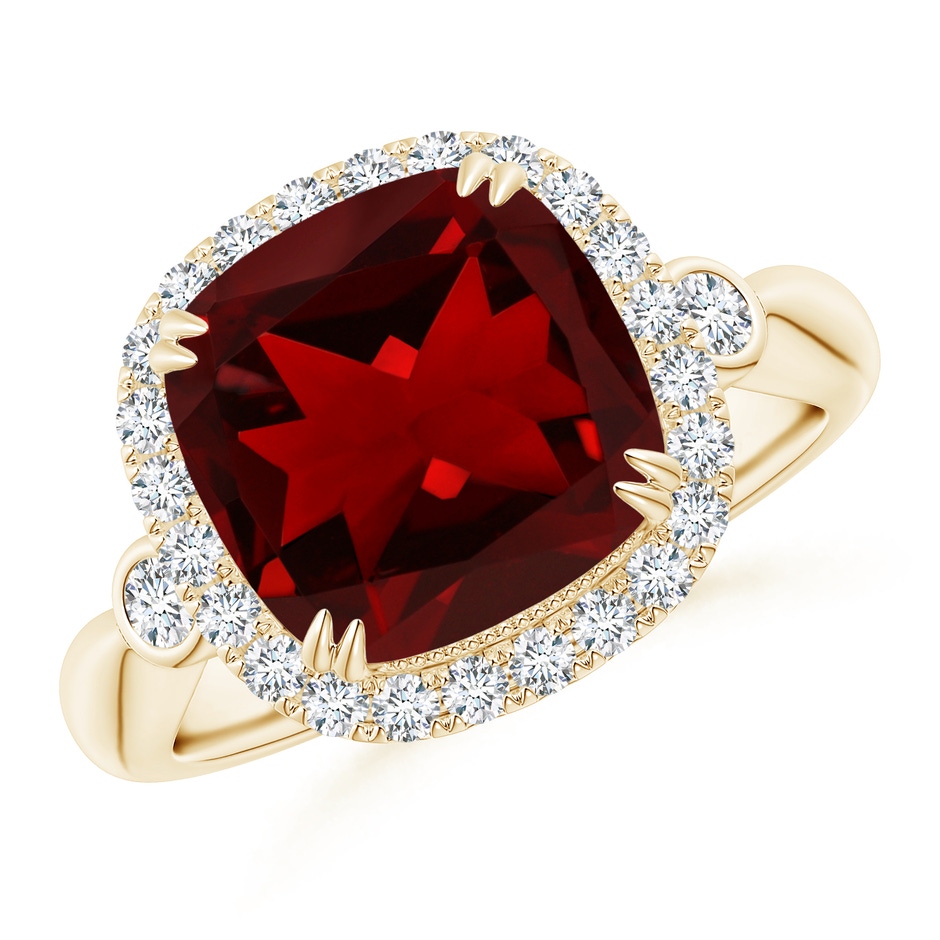 10mm AAAA Cushion Garnet Reverse Tapered Shank Cocktail Halo Ring in Yellow Gold 