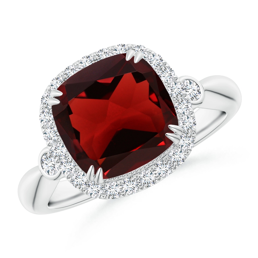 9mm AAA Cushion Garnet Reverse Tapered Shank Cocktail Halo Ring in White Gold