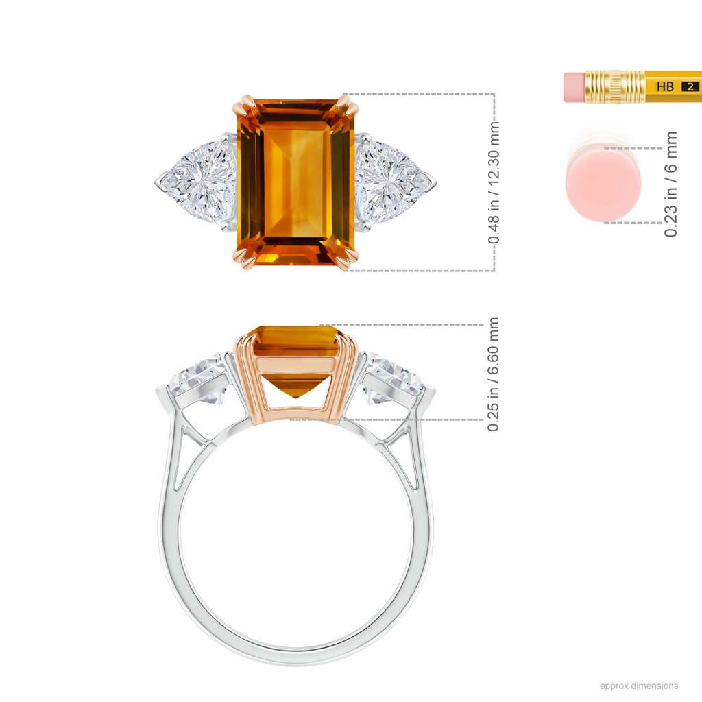 12.14x9.12x5.42mm AAAA GIA Certified Citrine Ring with Trillion Side Diamonds in White Gold Rose Gold ruler