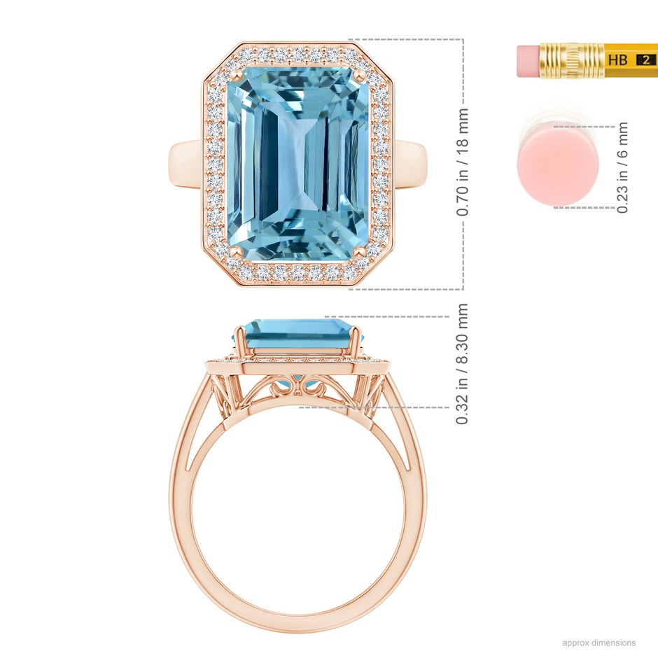 14.00x9.91x8.46mm AAAA GIA Certified Emerald Cut Aquamarine Ring with Diamonds in 18K Rose Gold ruler