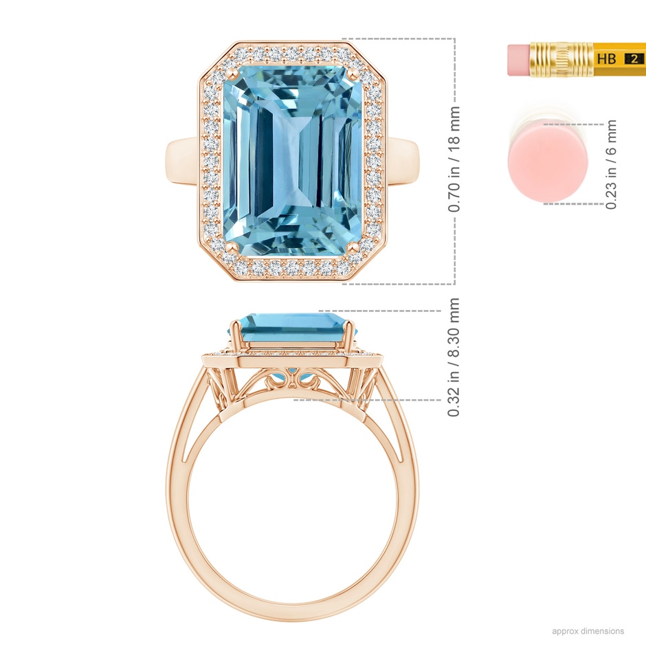 14.00x9.91x8.46mm AAAA GIA Certified Emerald Cut Aquamarine Ring with Diamonds in 9K Rose Gold ruler