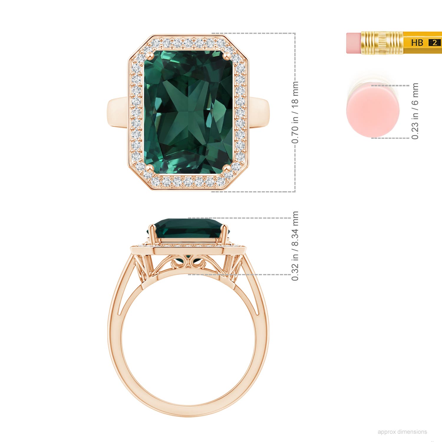 13.82x11.58x10.49mm AAAA GIA Certified Octagonal Teal Colour Sapphire Ring with Diamonds in Rose Gold - ruler