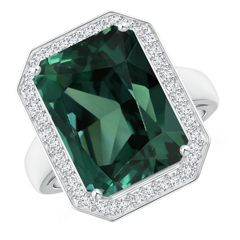 13.82x11.58x10.49mm AAAA GIA Certified Octagonal Green Sapphire (Teal) Ring with Diamonds in White Gold