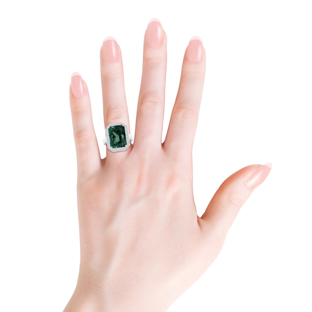 13.82x11.58x10.49mm AAAA GIA Certified Octagonal Green Sapphire (Teal) Ring with Diamonds in White Gold Body-Hand
