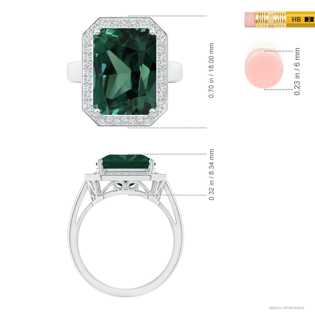 13.82x11.58x10.49mm AAAA GIA Certified Octagonal Green Sapphire (Teal) Ring with Diamonds in White Gold Ruler